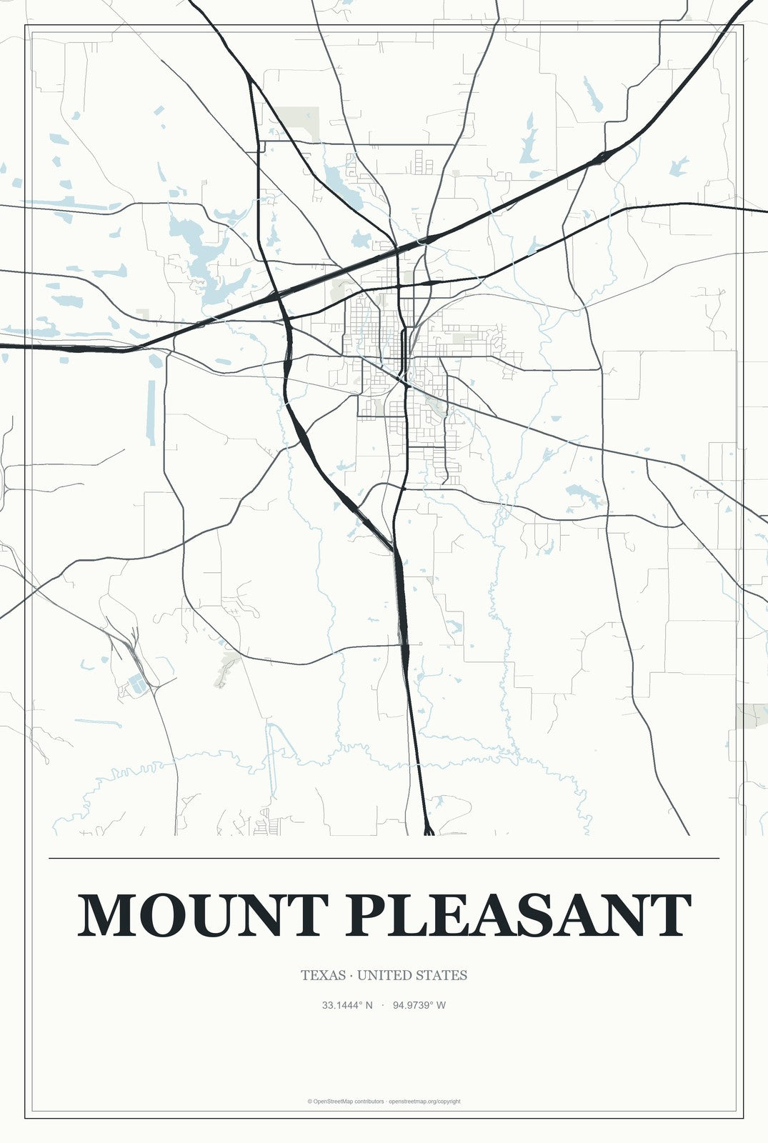 Mount Pleasant, Texas City Map Aluminum Sign in Gallery Air style