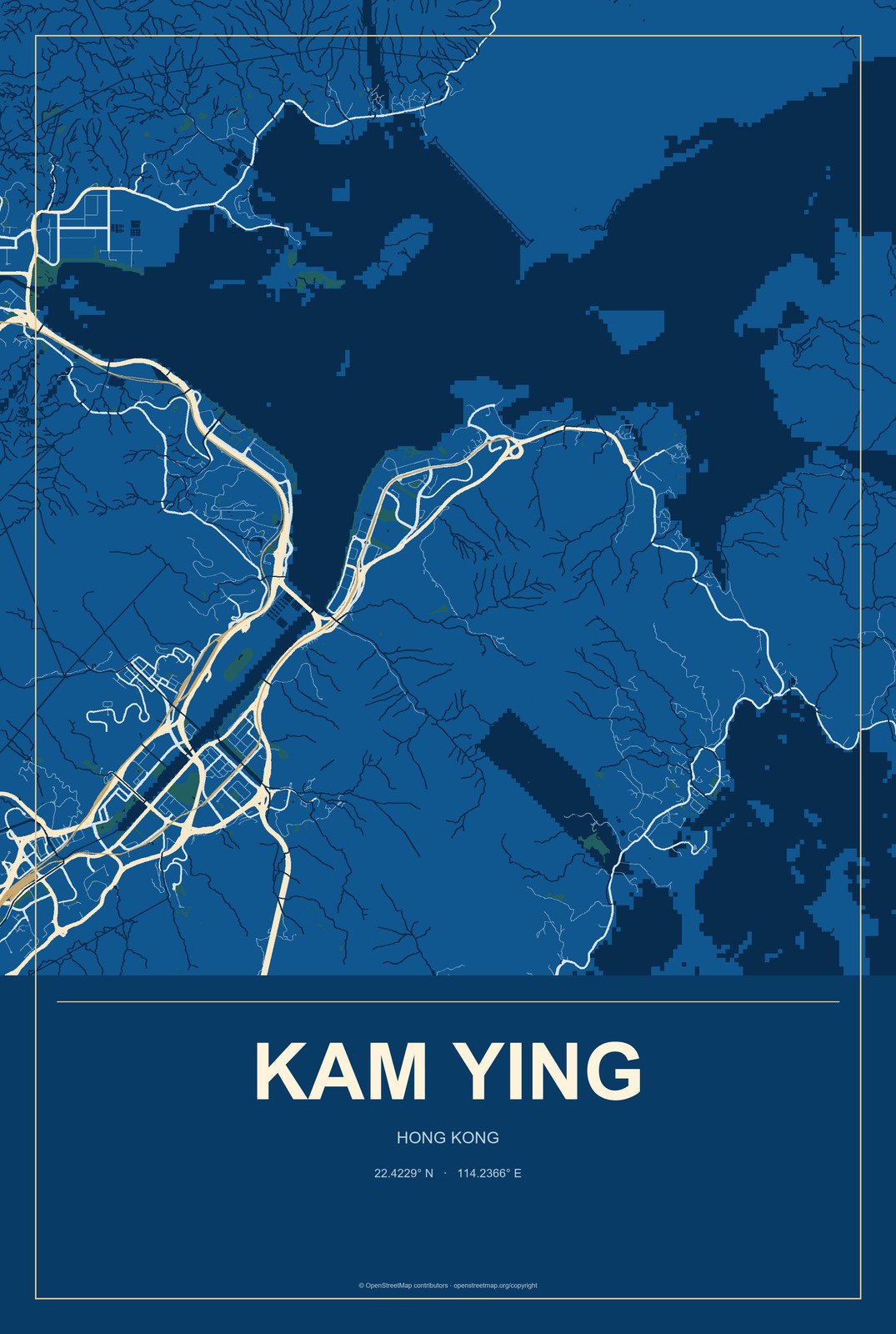 Kam Ying, Hong Kong City Map Aluminum Sign in Harbor Cobalt style