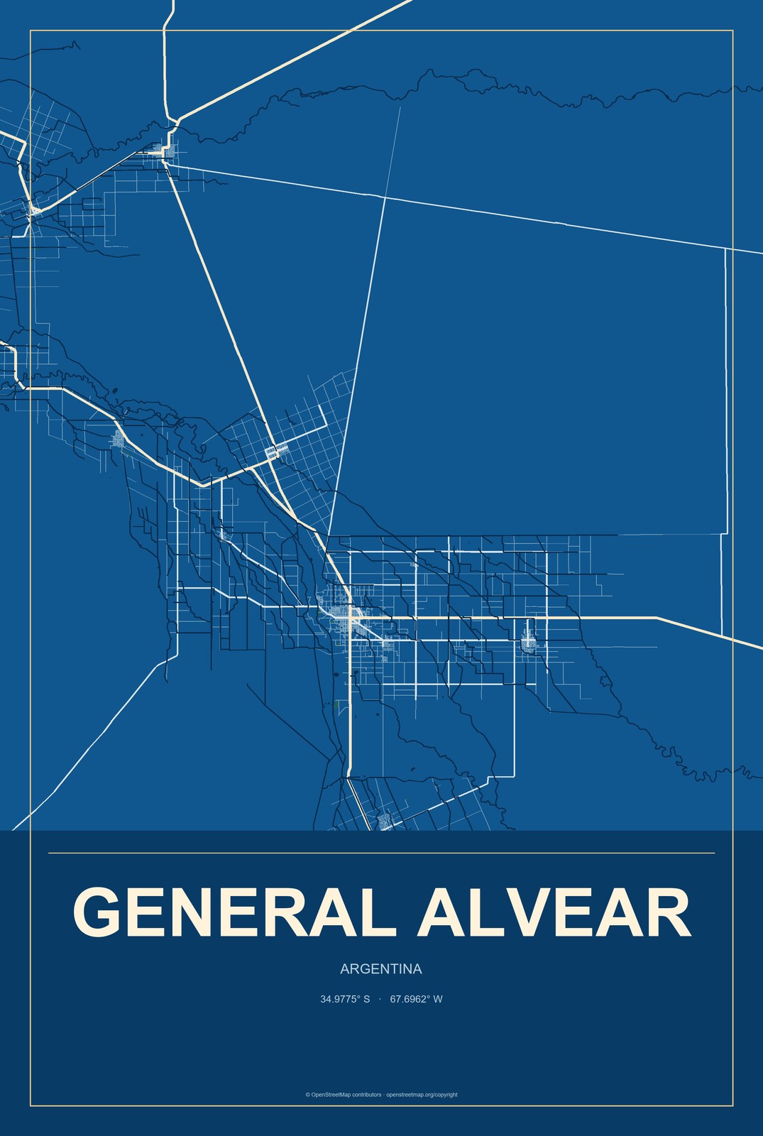 General Alvear, Argentina City Map Aluminum Sign in Harbor Cobalt style