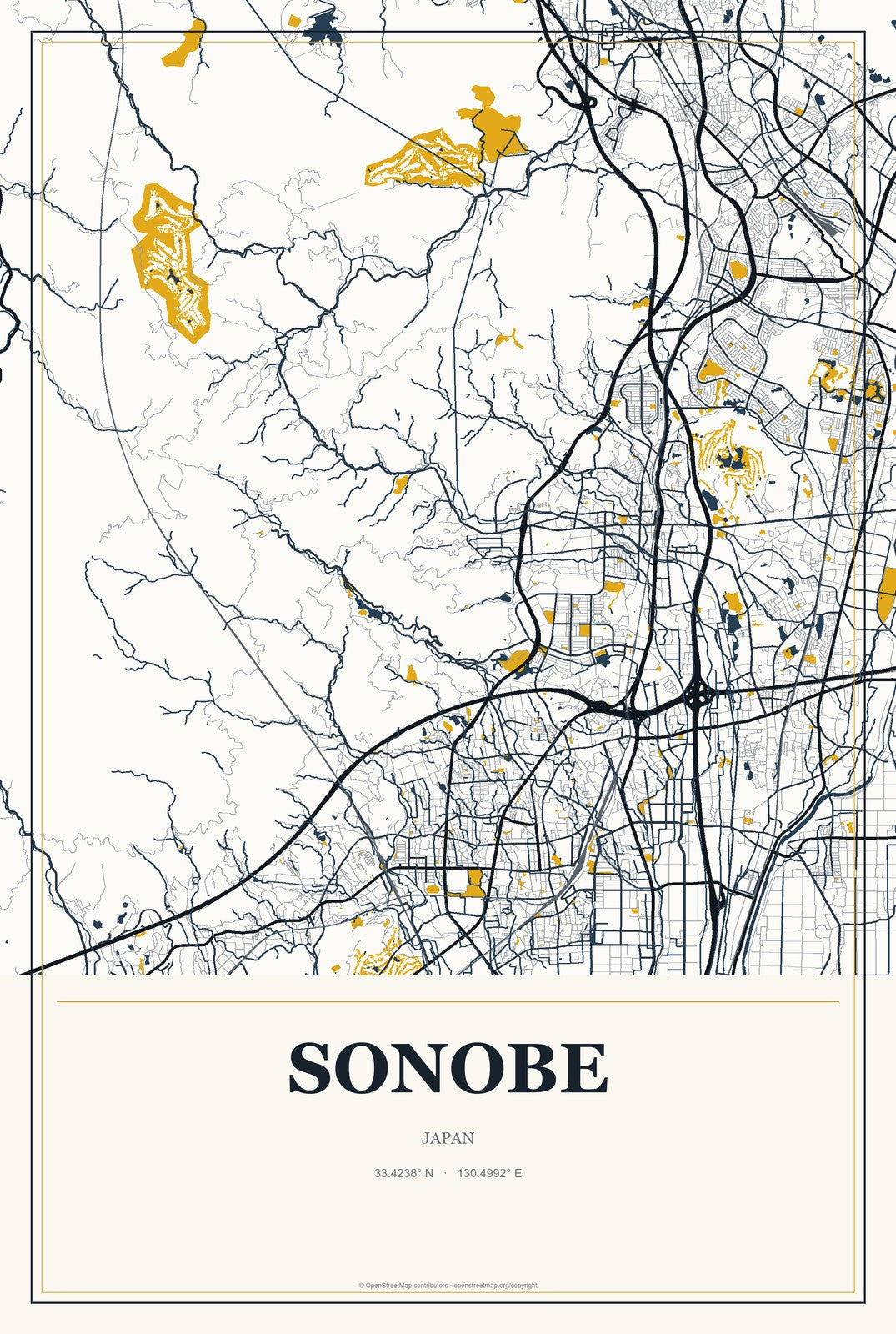 Sonobe, Japan City Map Aluminum Sign in Citrine Modern style