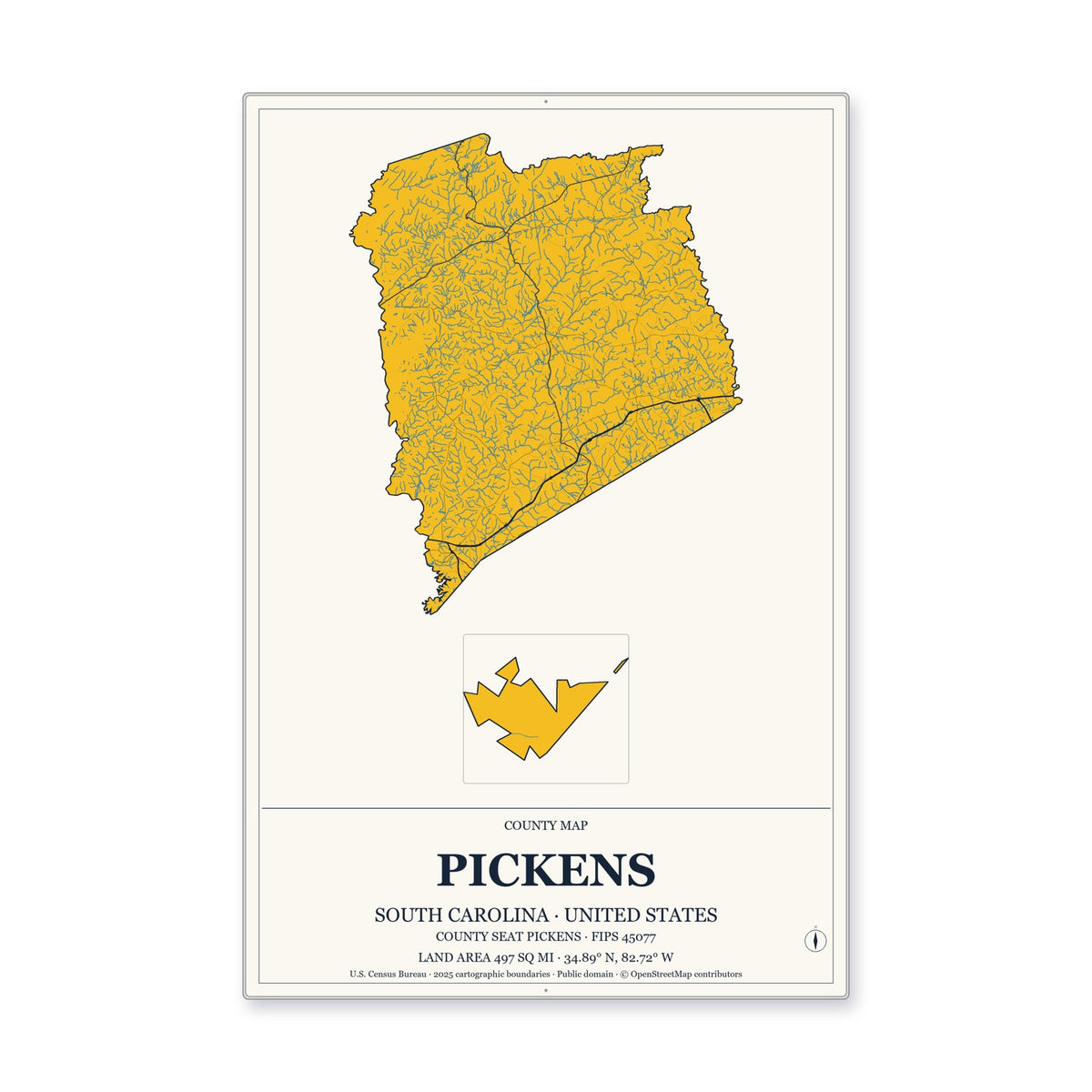 Pickens County, South Carolina Map Aluminum Sign in Citrine Modern style