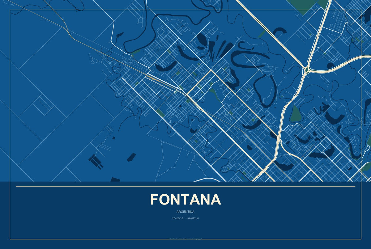 Fontana, Argentina City Map Aluminum Sign in Harbor Cobalt style