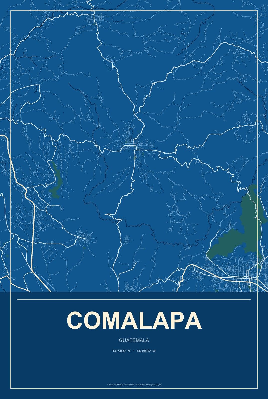 Comalapa, Guatemala City Map Aluminum Sign in Harbor Cobalt style
