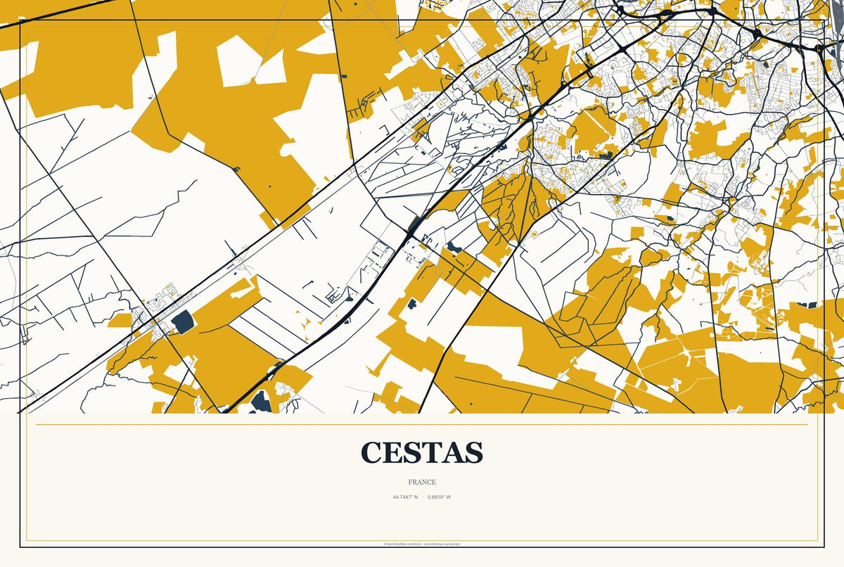 Cestas, France City Map Aluminum Sign in Citrine Modern style