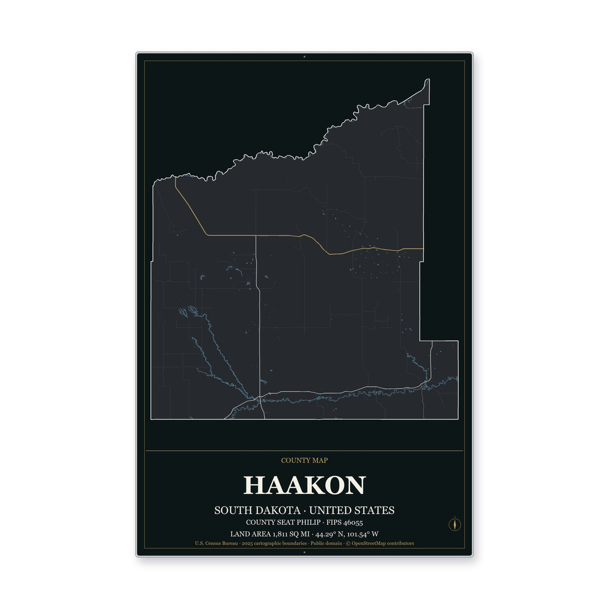Haakon County, South Dakota Map Aluminum Sign in Metropolitan Noir style