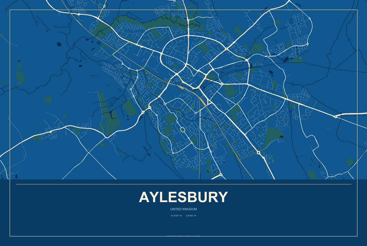 Aylesbury, United Kingdom City Map Aluminum Sign in Harbor Cobalt style