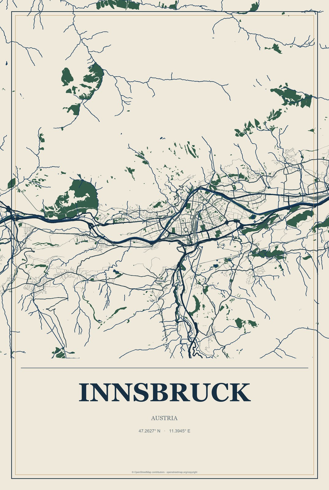 Innsbruck, Austria City Map Aluminum Sign in Coastal Cutout style