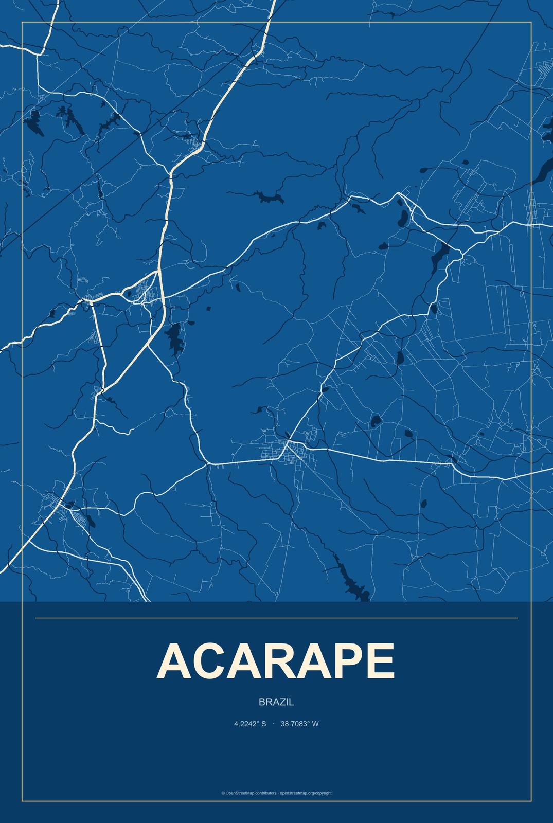 Acarape, Brazil City Map Aluminum Sign in Harbor Cobalt style