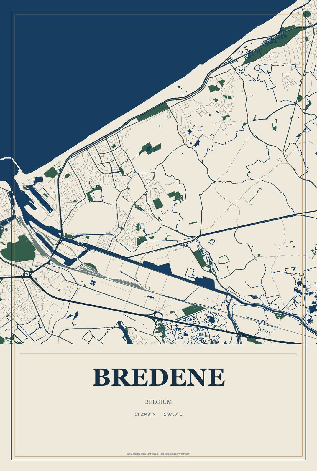 Bredene, Belgium City Map Aluminum Sign in Coastal Cutout style