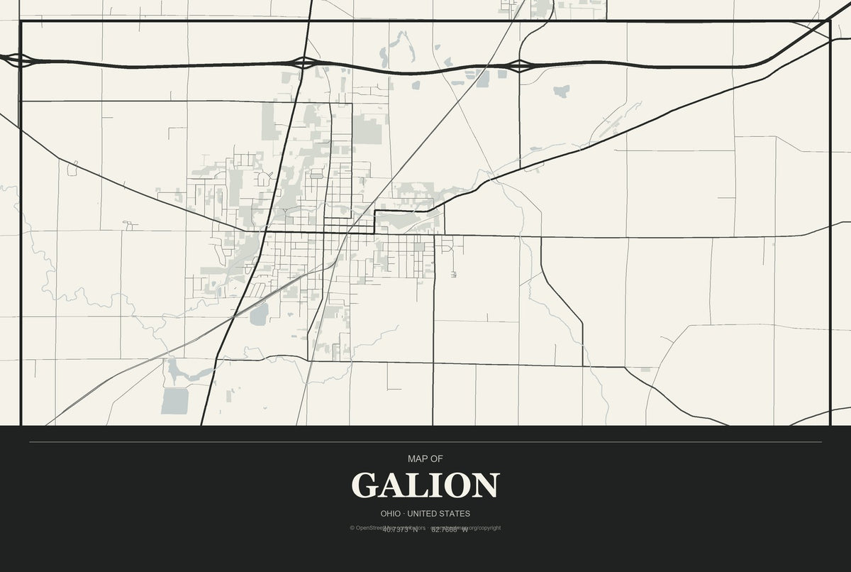 Galion, Ohio City Map Aluminum Sign in Museum Plaque style