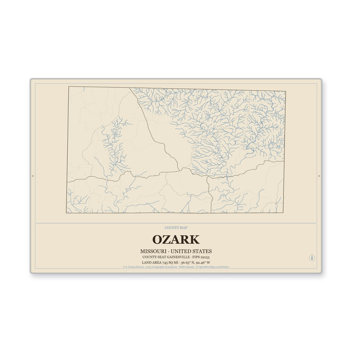 Ozark County, Missouri Map Aluminum Sign in Heritage Nautical style