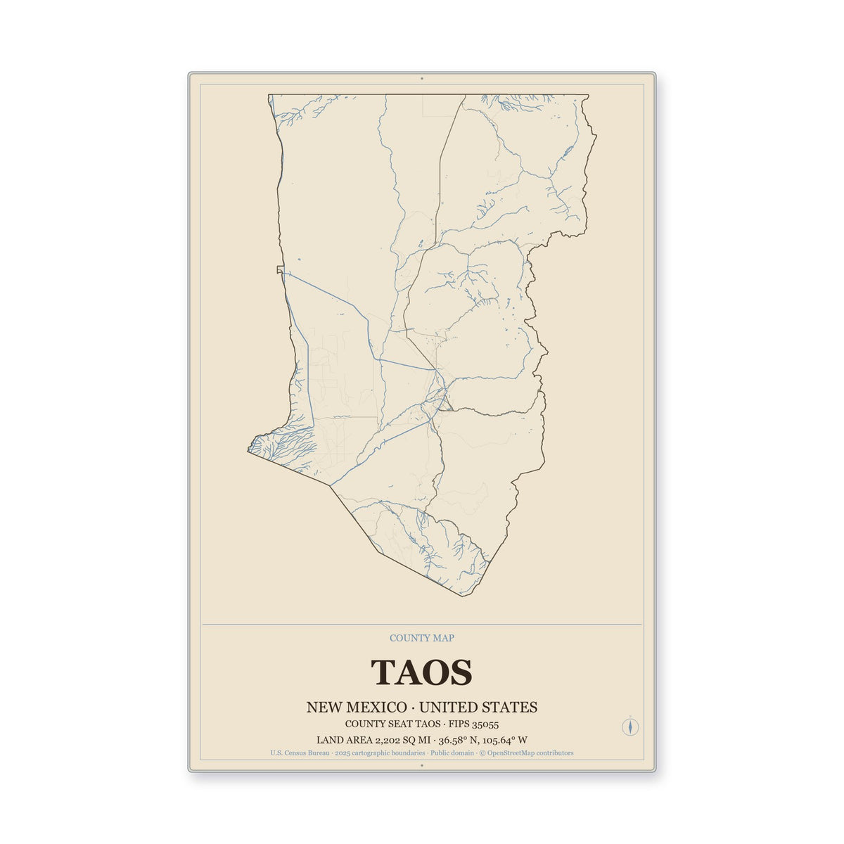 Taos County, New Mexico Map Aluminum Sign in Heritage Nautical style