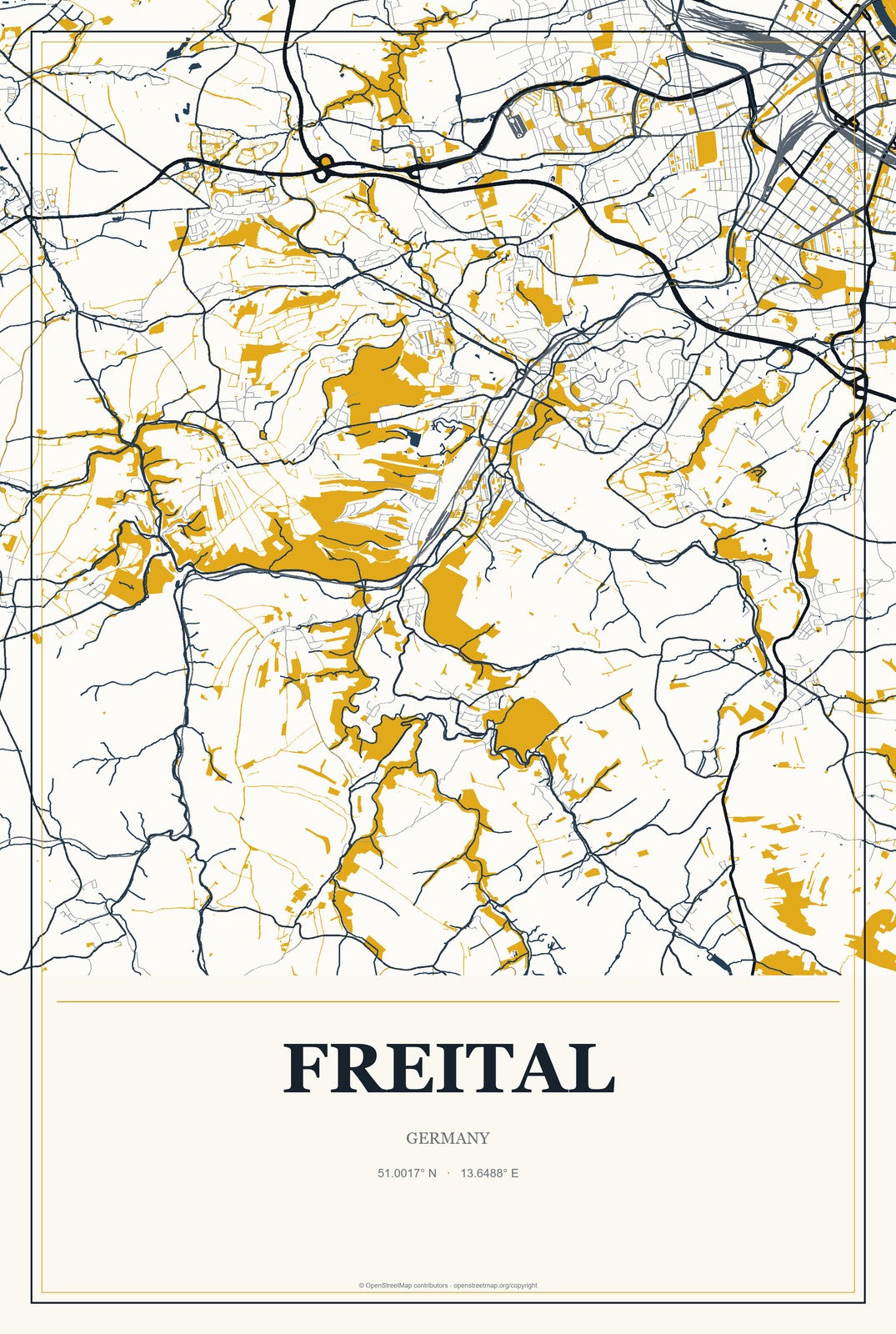 Freital, Germany City Map Aluminum Sign in Citrine Modern style