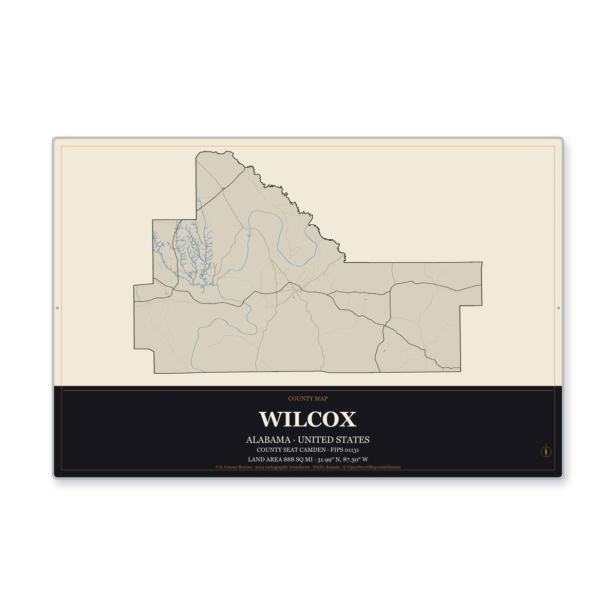 Wilcox County, Alabama Map Aluminum Sign in Museum Plaque style