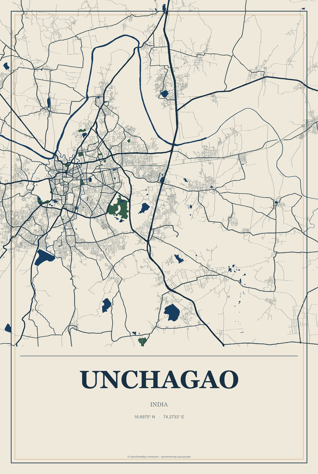 Unchagao, India City Map Aluminum Sign in Coastal Cutout style