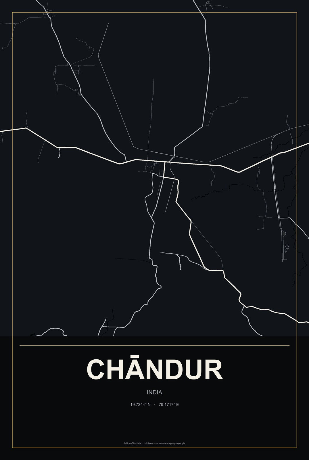 Chāndur, India City Map Aluminum Sign in Metropolitan Noir style