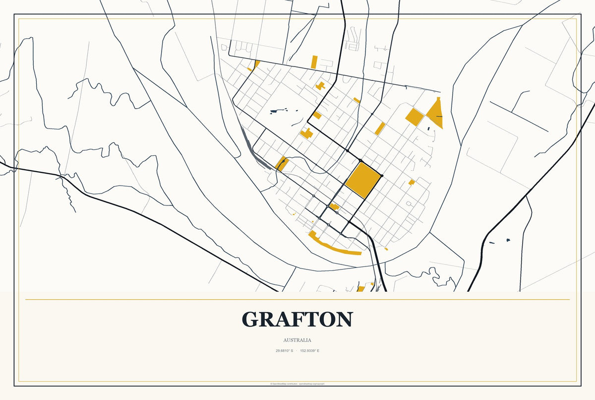 Grafton, Australia City Map Aluminum Sign in Citrine Modern style