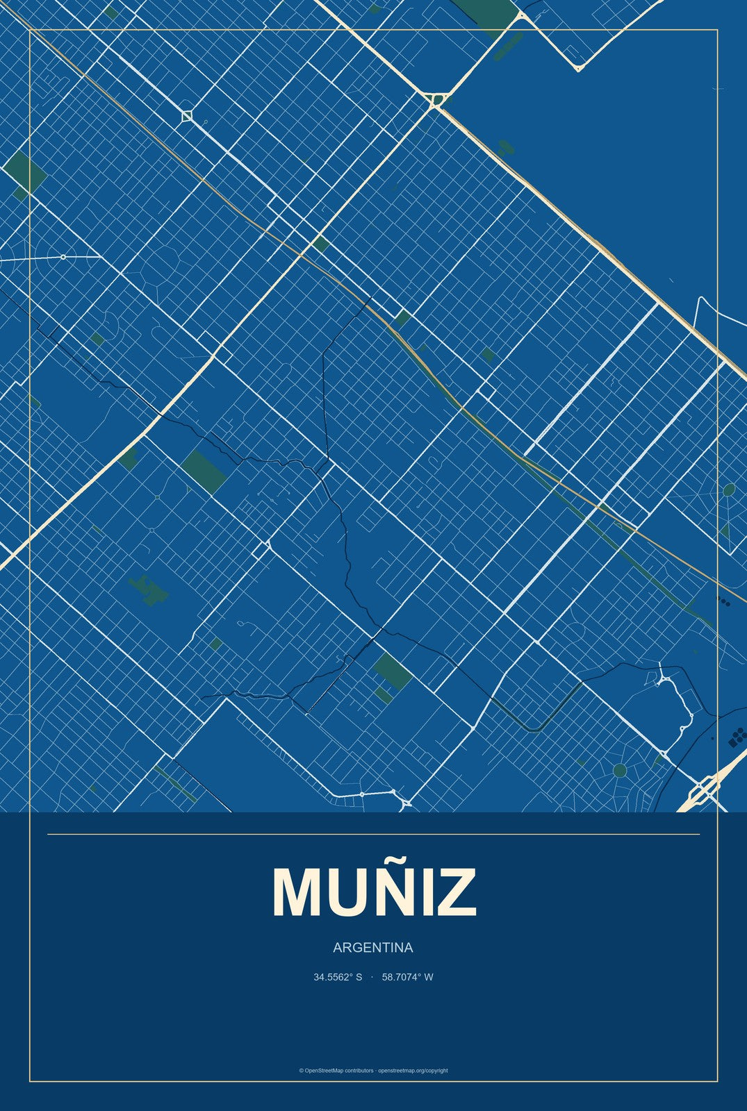 Muñiz, Argentina City Map Aluminum Sign in Harbor Cobalt style