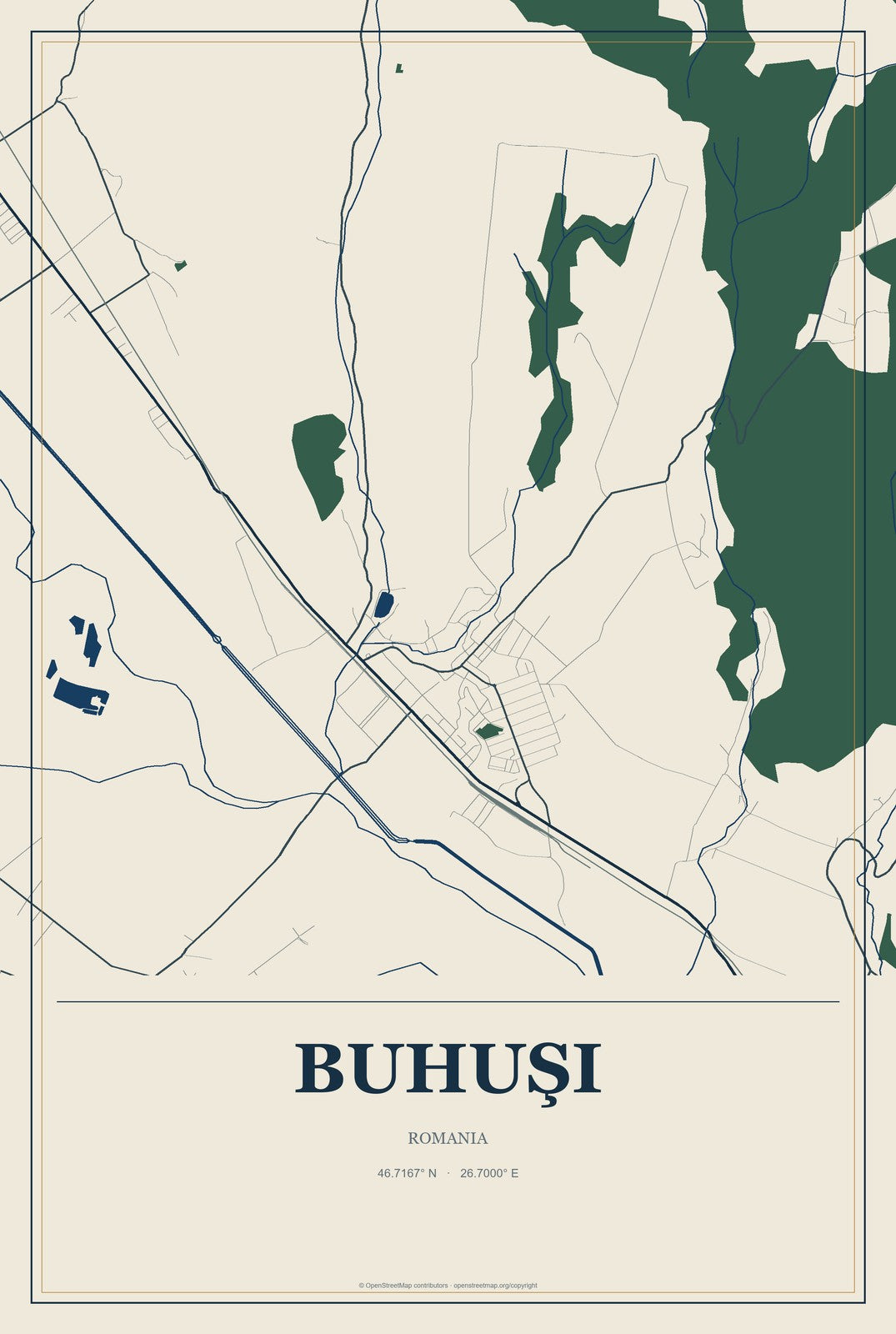 Buhuşi, Romania City Map Aluminum Sign in Coastal Cutout style