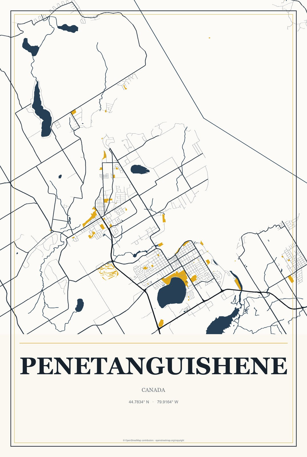Penetanguishene, Canada City Map Aluminum Sign in Citrine Modern style
