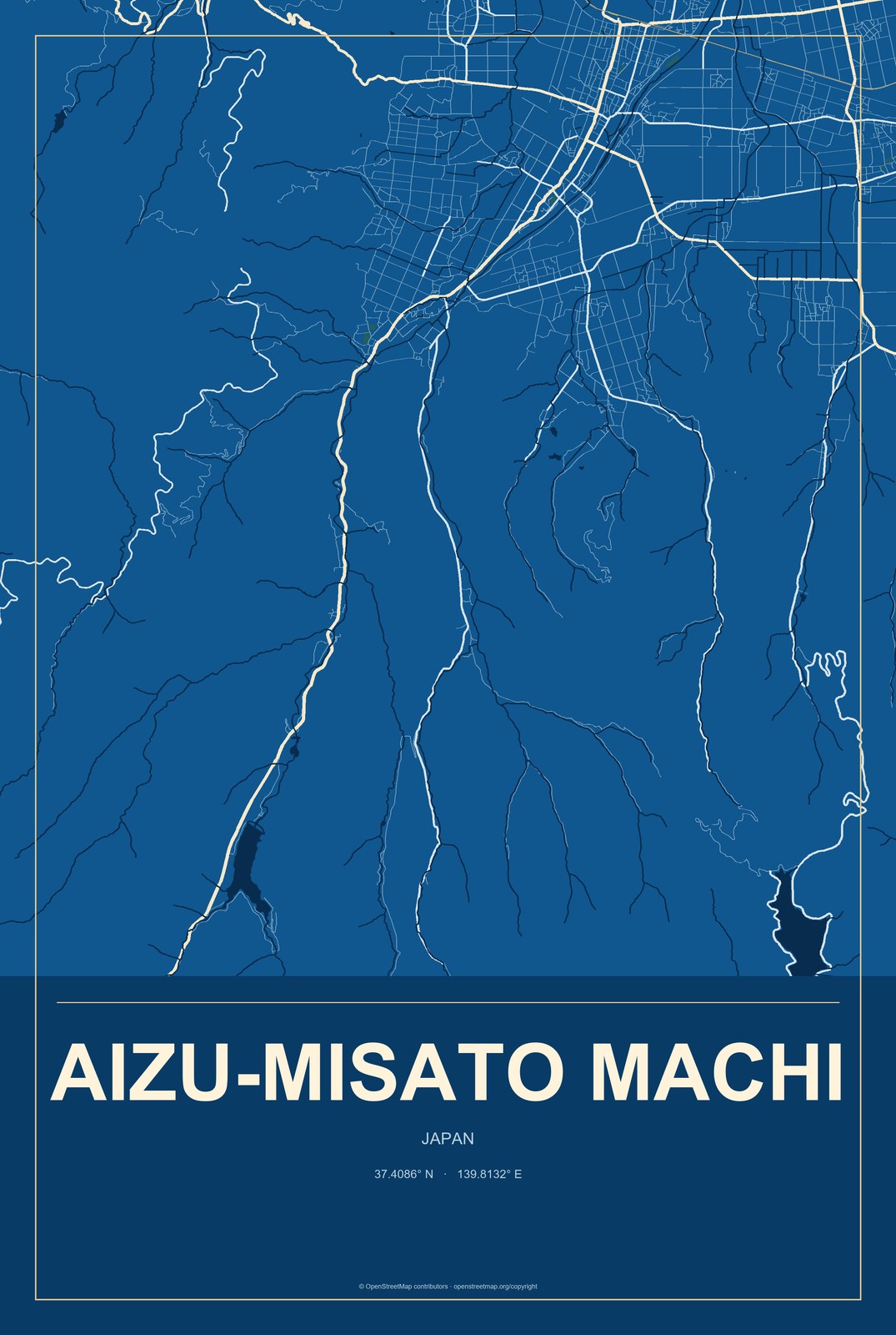 Aizu-misato Machi, Japan City Map Aluminum Sign in Harbor Cobalt style