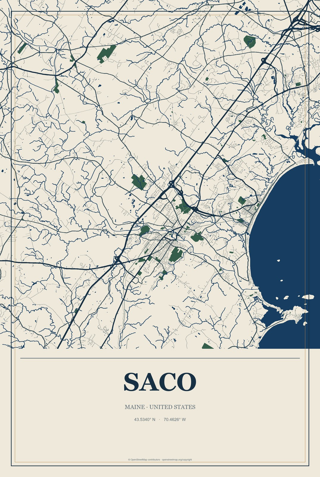 Saco, Maine City Map Aluminum Sign in Coastal Cutout style