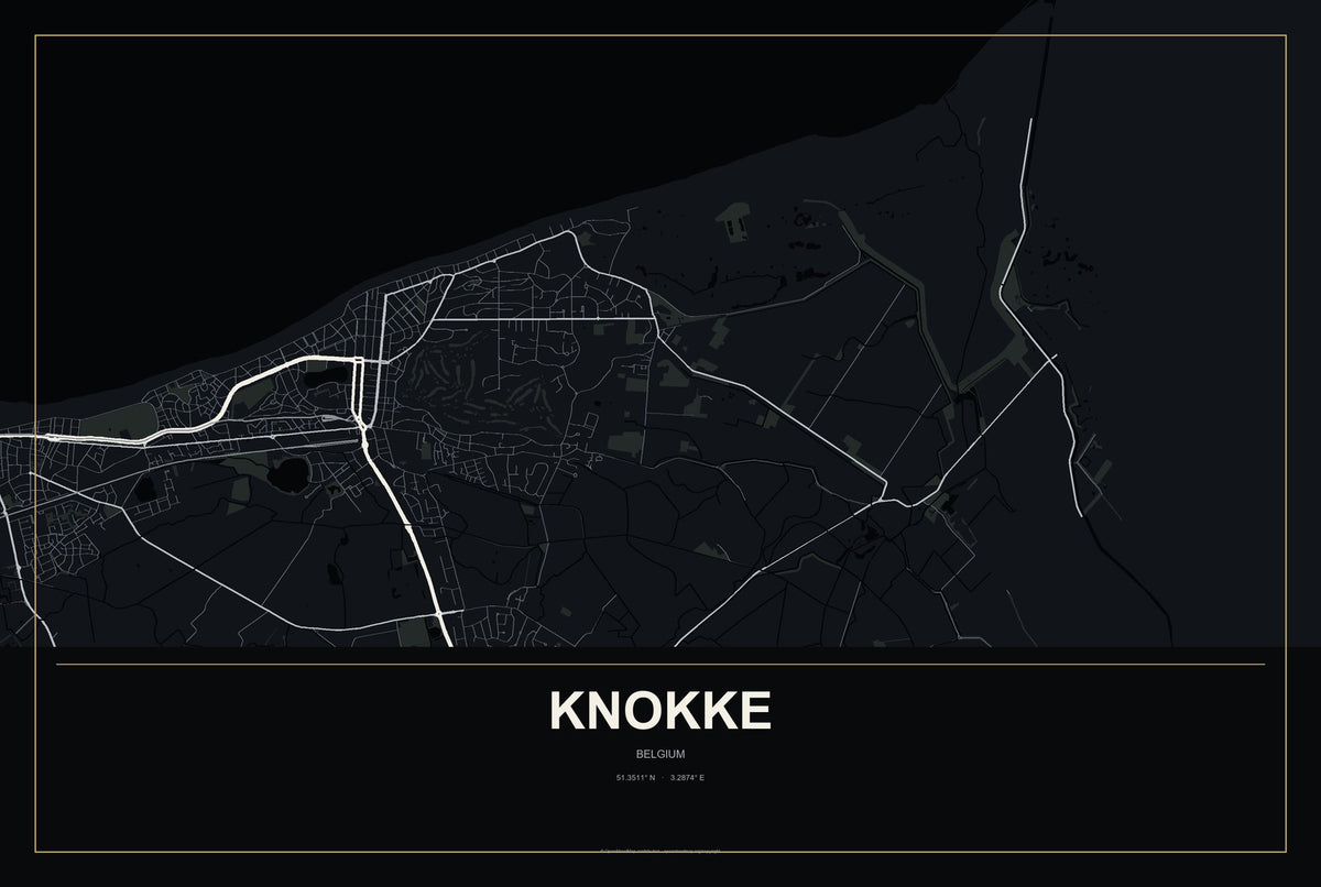 Knokke, Belgium City Map Aluminum Sign in Metropolitan Noir style