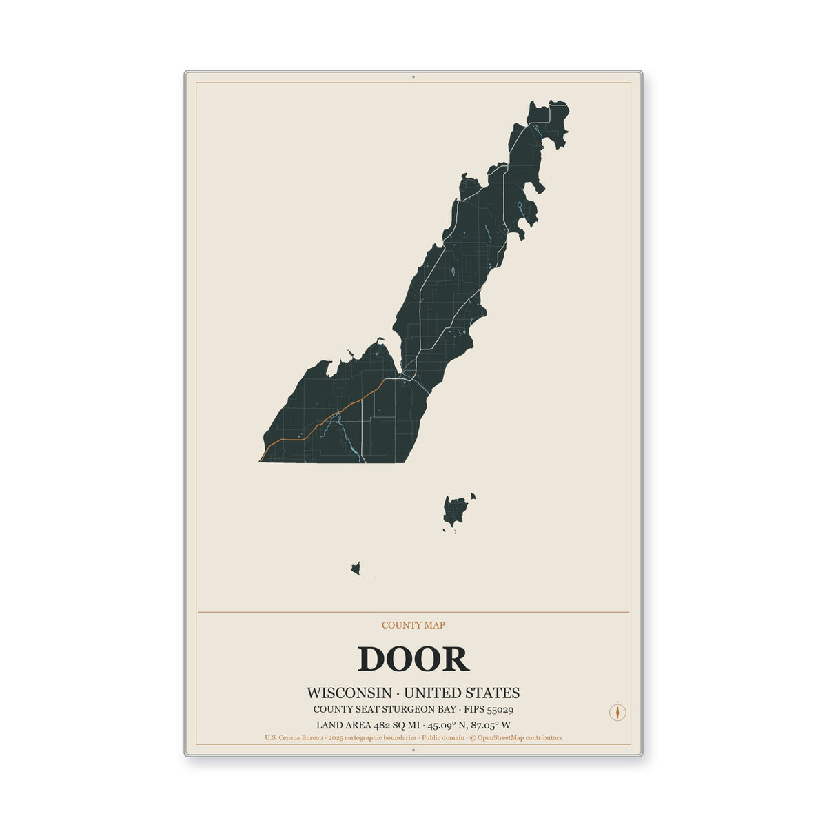 Door County, Wisconsin Map Aluminum Sign in Headline Atlas style