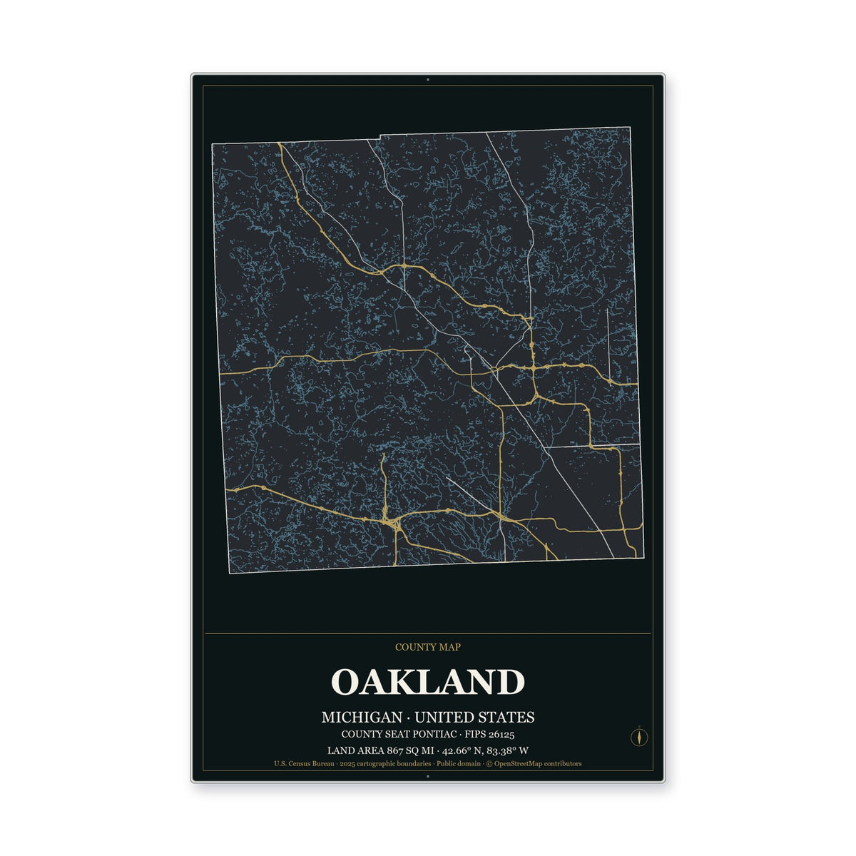 Oakland County, Michigan Map Aluminum Sign in Metropolitan Noir style