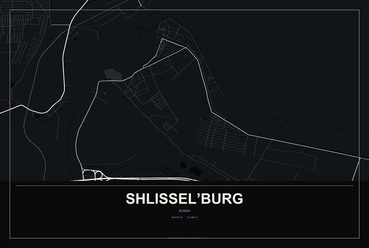Shlissel’burg, Russia City Map Aluminum Sign in Metropolitan Noir style