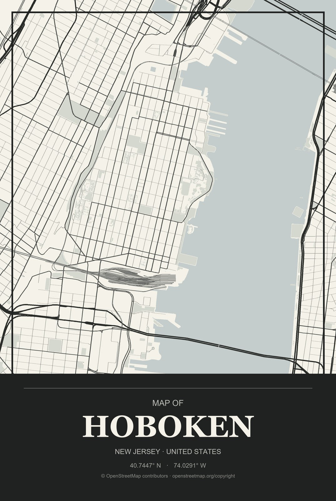Hoboken, New Jersey City Map Aluminum Sign in Museum Plaque style