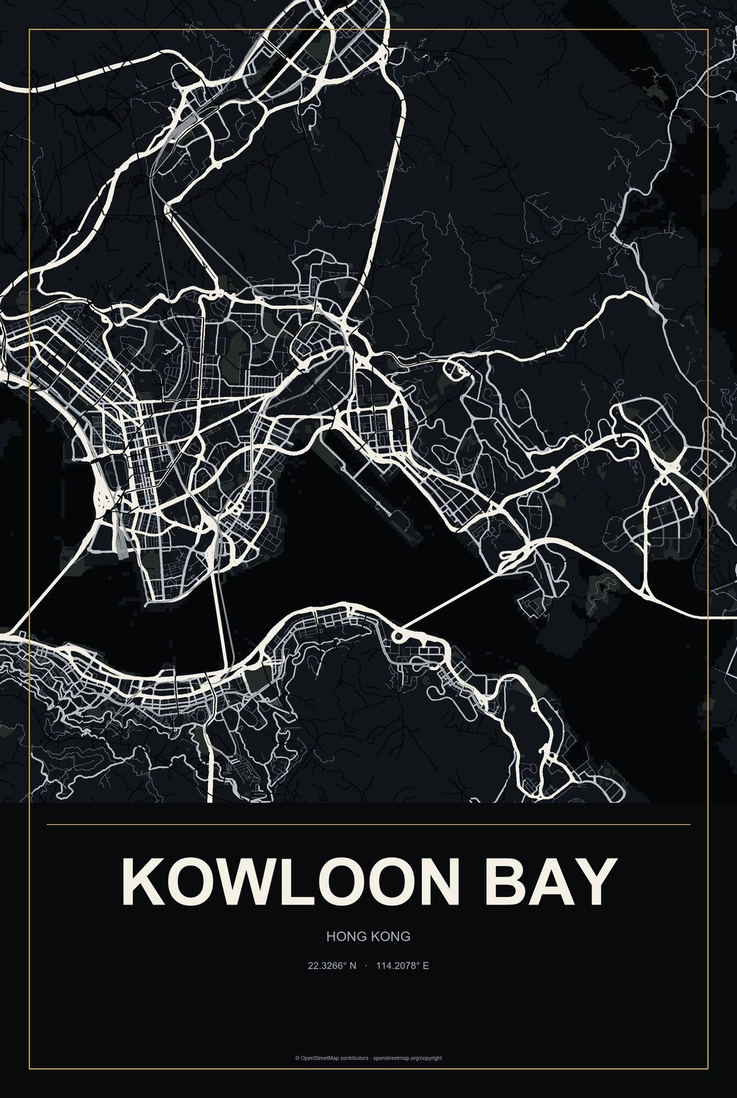 Kowloon Bay, Hong Kong City Map Aluminum Sign in Metropolitan Noir style