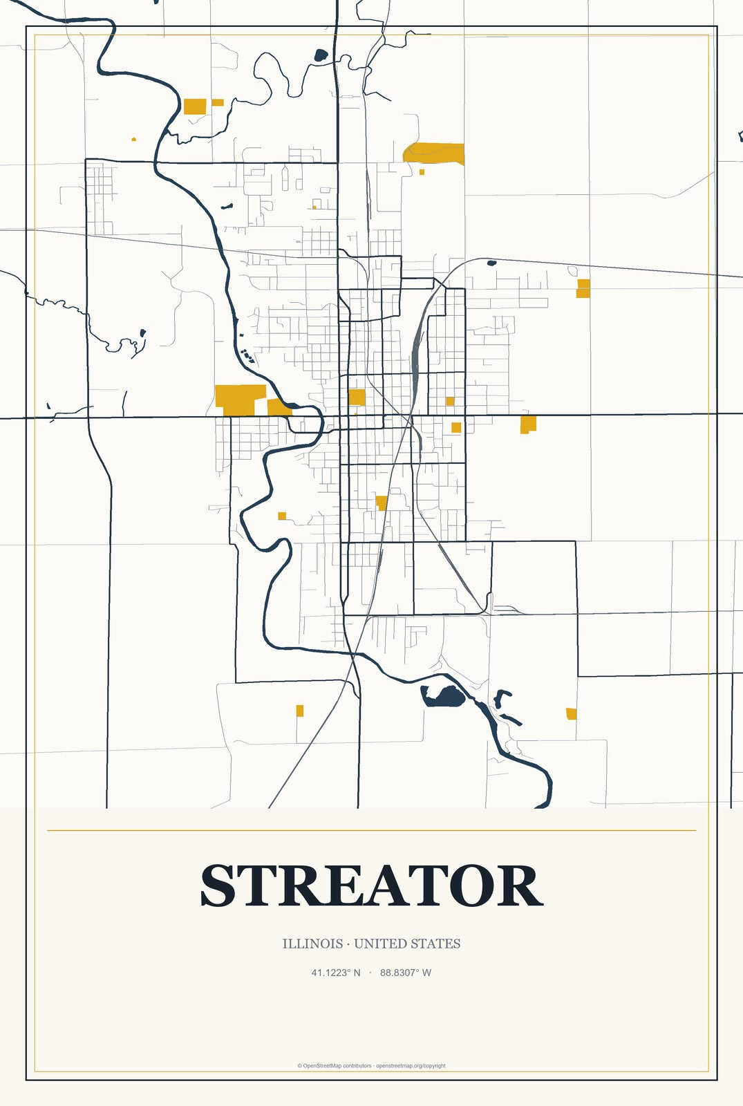 Streator, Illinois City Map Aluminum Sign in Citrine Modern style