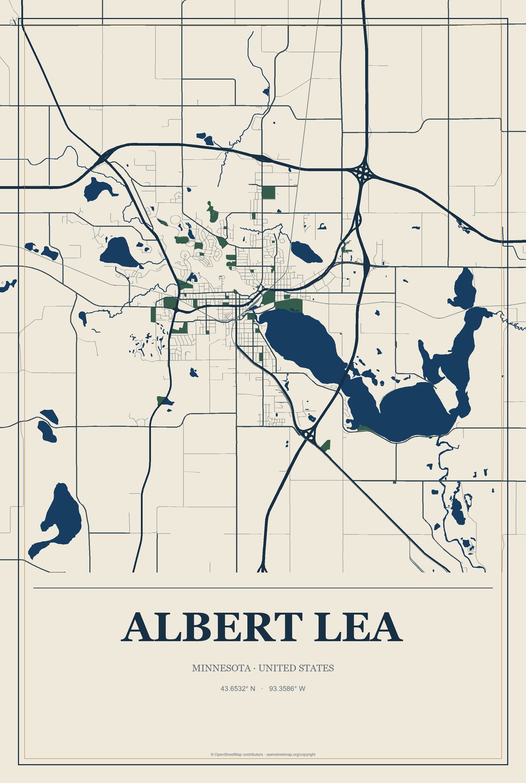 Albert Lea, Minnesota City Map Aluminum Sign in Coastal Cutout style