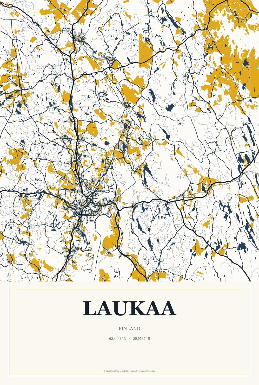Laukaa, Finland City Map Aluminum Sign in Citrine Modern style