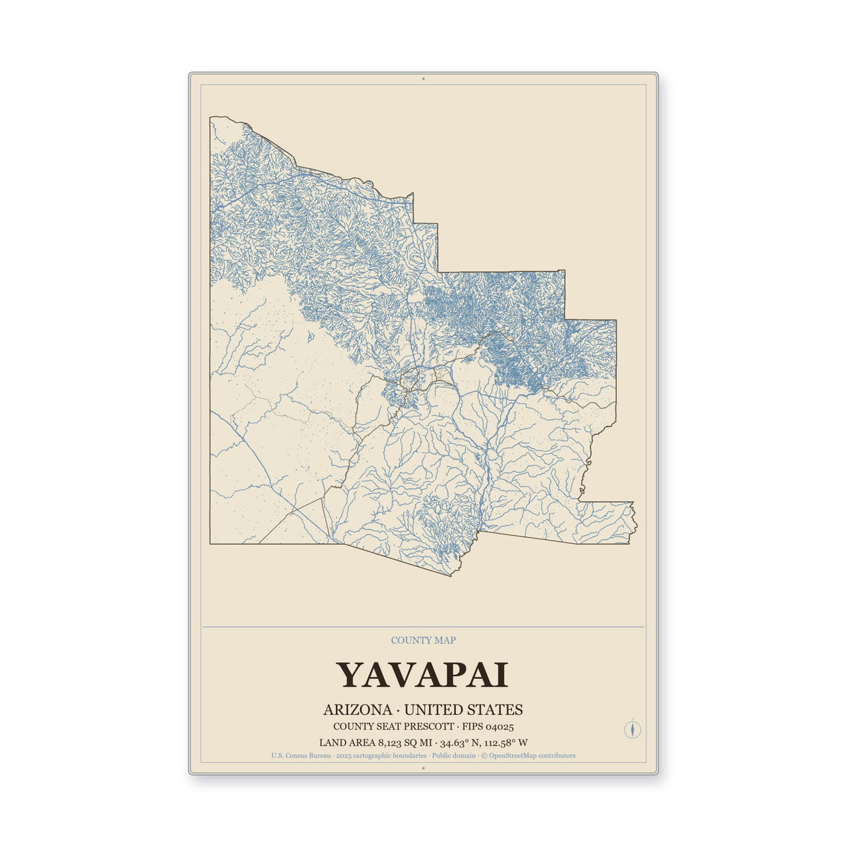 Yavapai County, Arizona Map Aluminum Sign in Heritage Nautical style