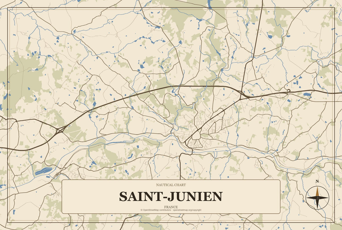 Saint-Junien, France City Map Aluminum Sign in Heritage Nautical style