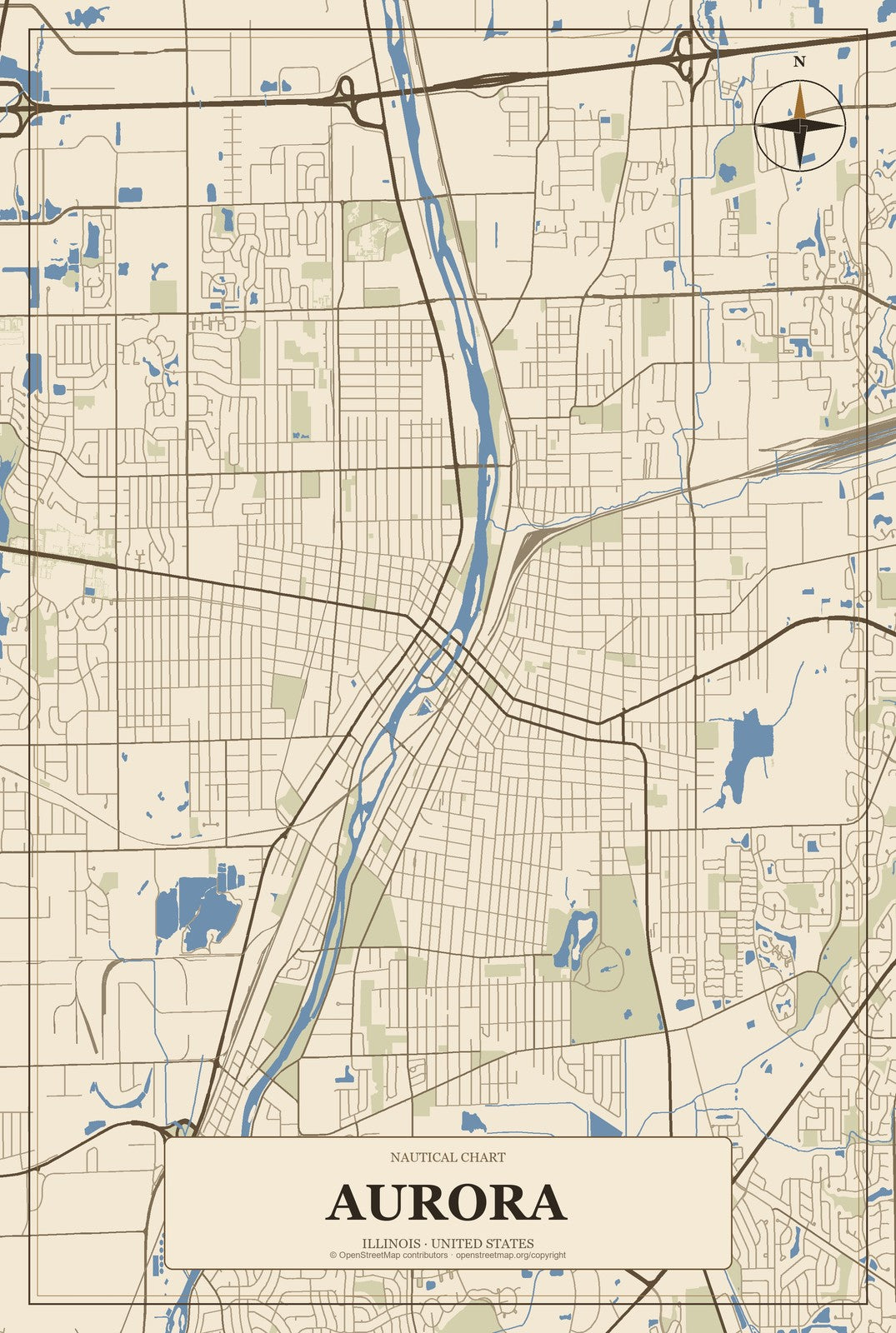 Aurora, Illinois City Map Aluminum Sign in Heritage Nautical style