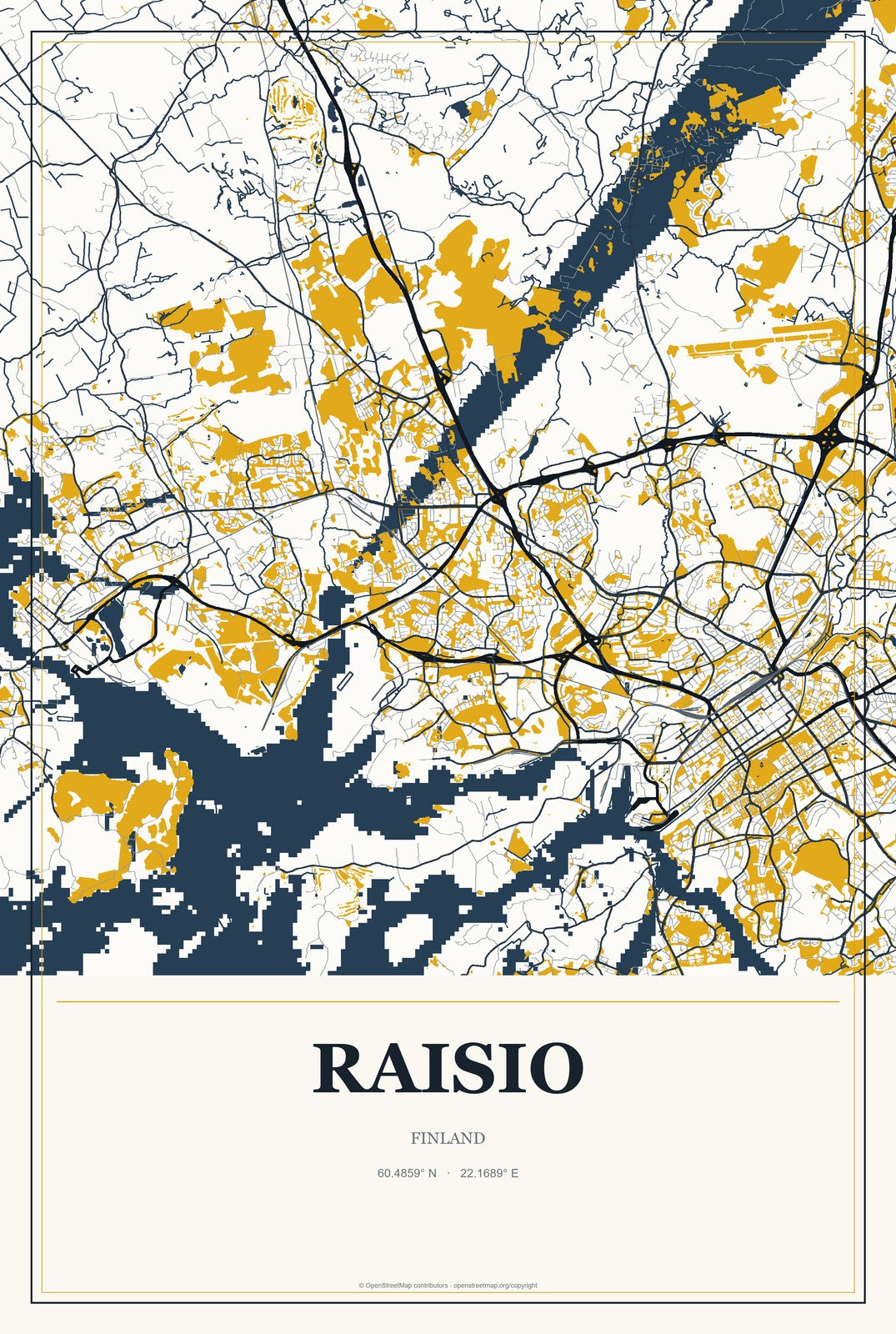 Raisio, Finland City Map Aluminum Sign in Citrine Modern style