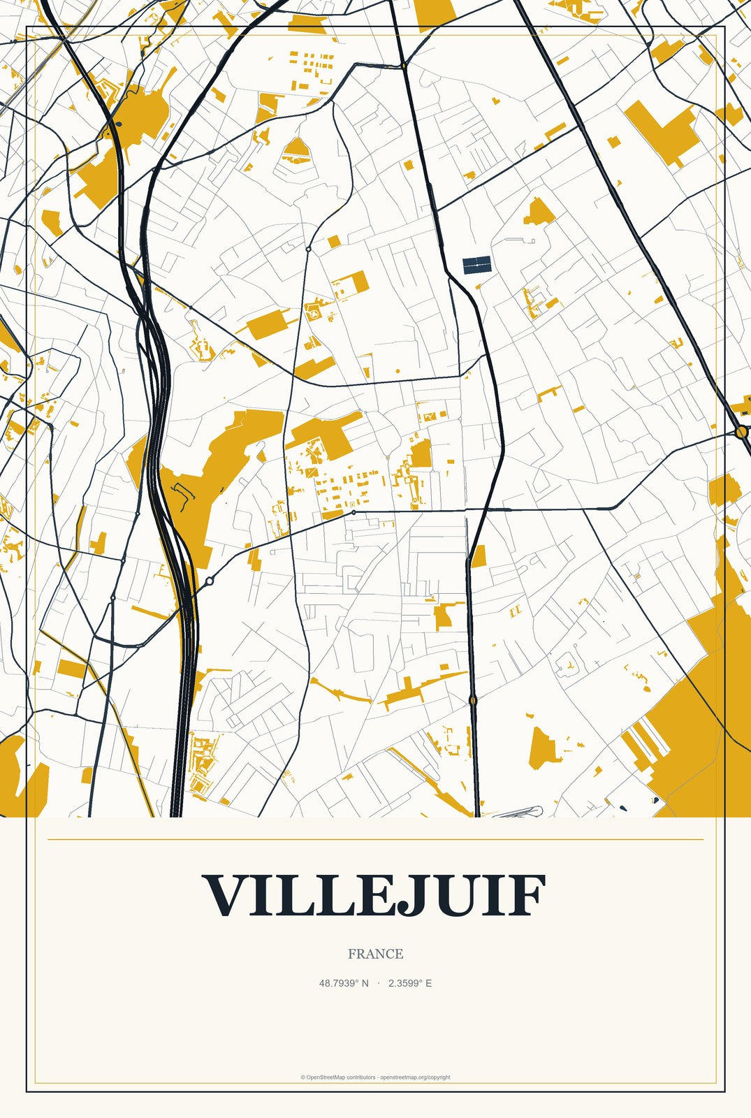 Villejuif, France City Map Aluminum Sign in Citrine Modern style