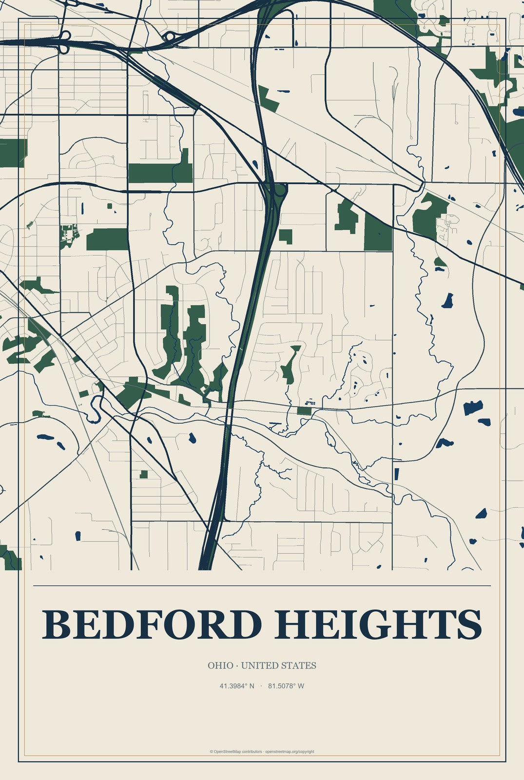 Bedford Heights, Ohio City Map Aluminum Sign in Coastal Cutout style