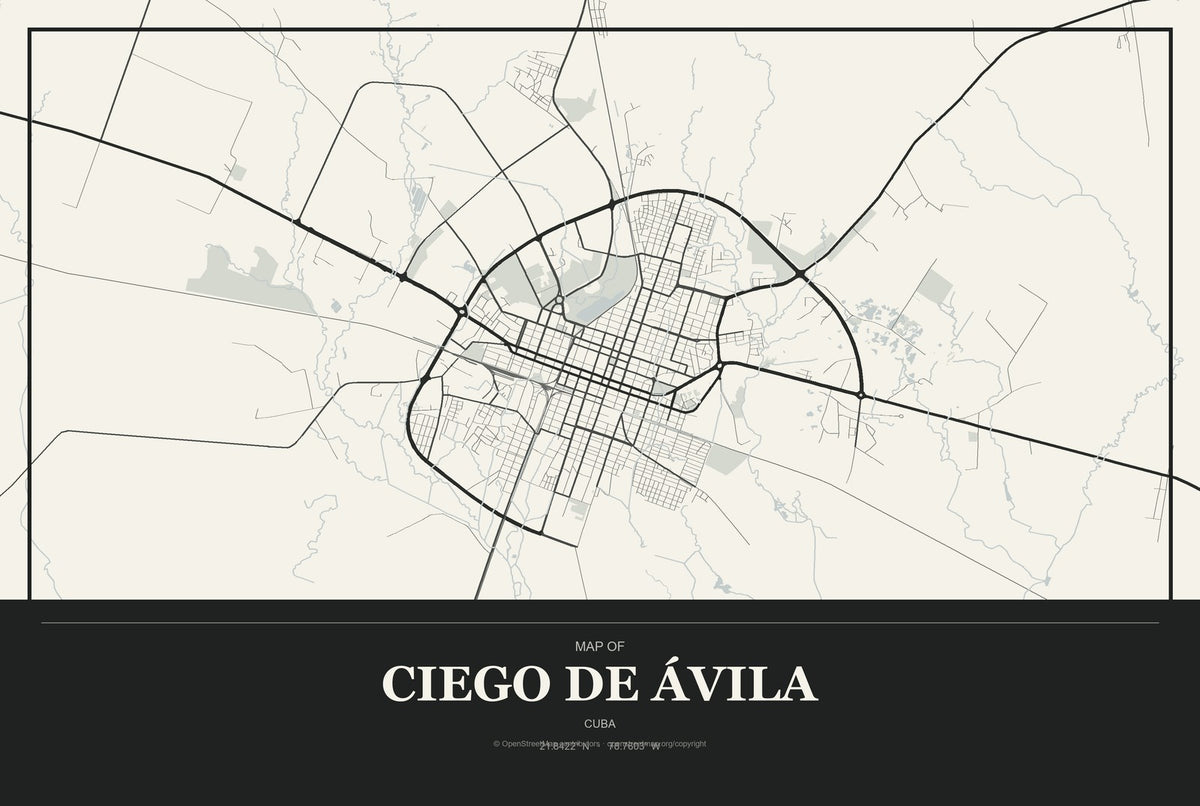 Ciego de Ávila, Cuba City Map Aluminum Sign in Museum Plaque style