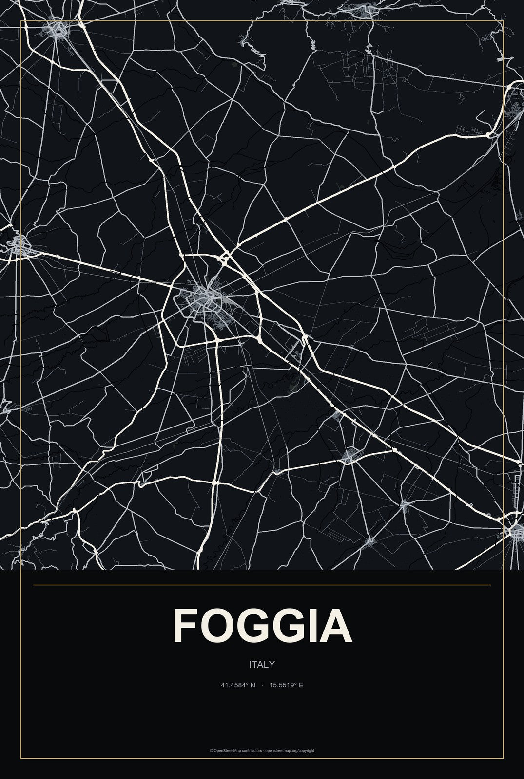 Foggia, Italy City Map Aluminum Sign in Metropolitan Noir style