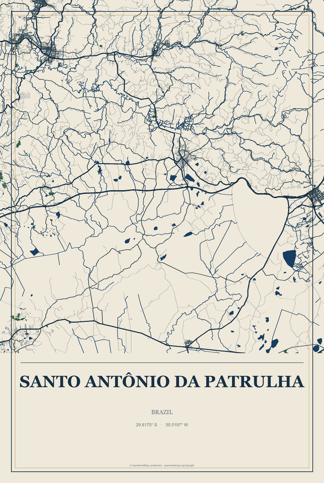 Santo Antônio da Patrulha, Brazil City Map Aluminum Sign in Coastal Cutout style
