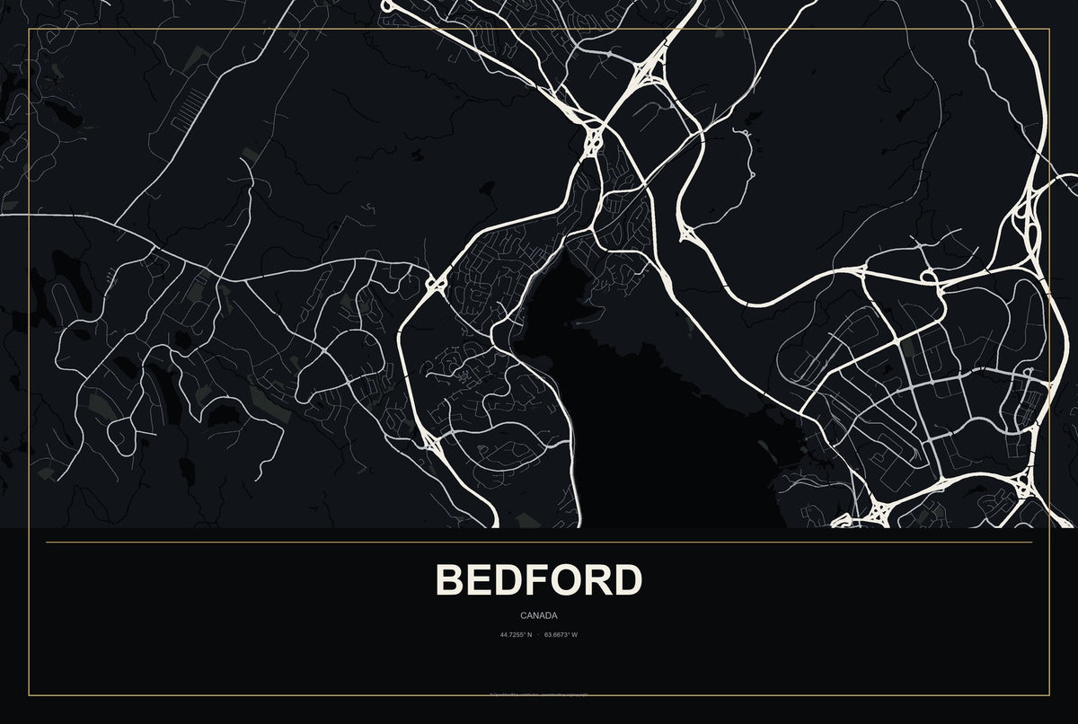 Bedford, Canada City Map Aluminum Sign in Metropolitan Noir style