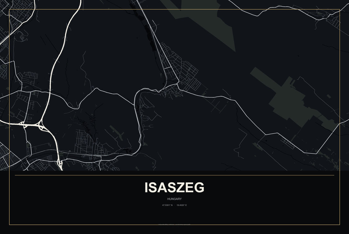 Isaszeg, Hungary City Map Aluminum Sign in Metropolitan Noir style