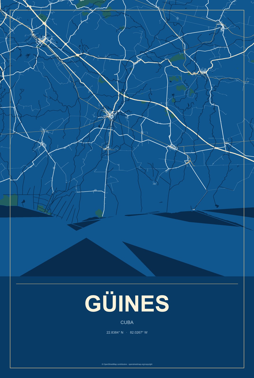 Güines, Cuba City Map Aluminum Sign in Harbor Cobalt style