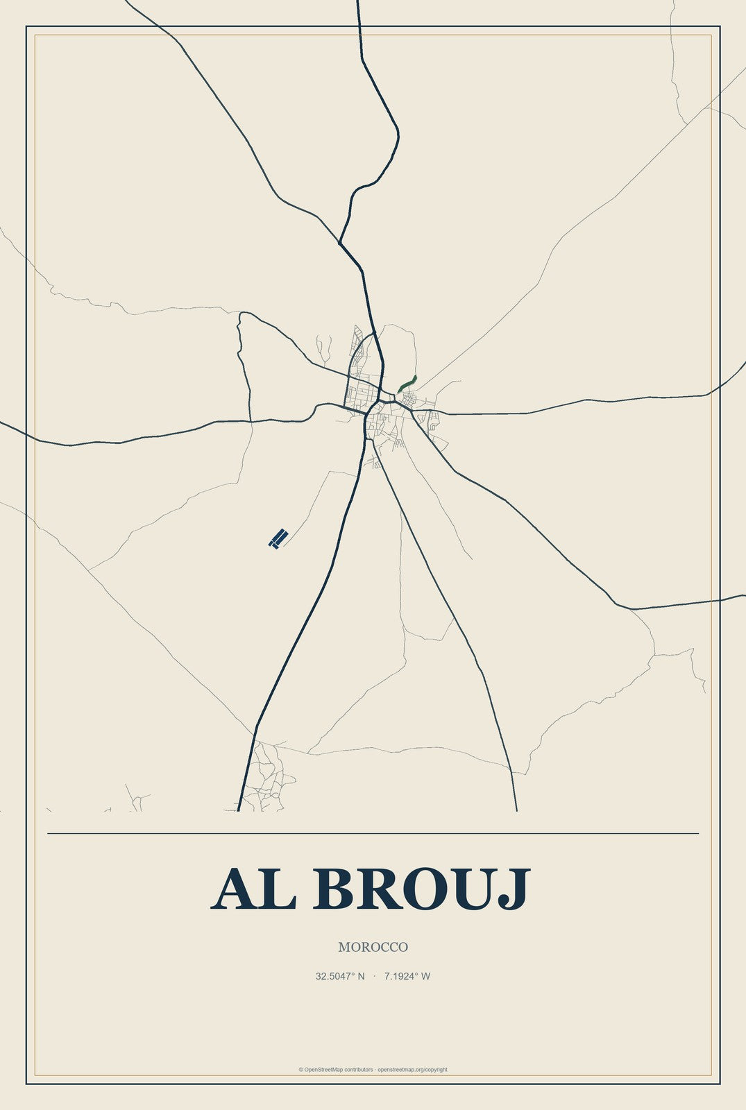 Al Brouj, Morocco City Map Aluminum Sign in Coastal Cutout style