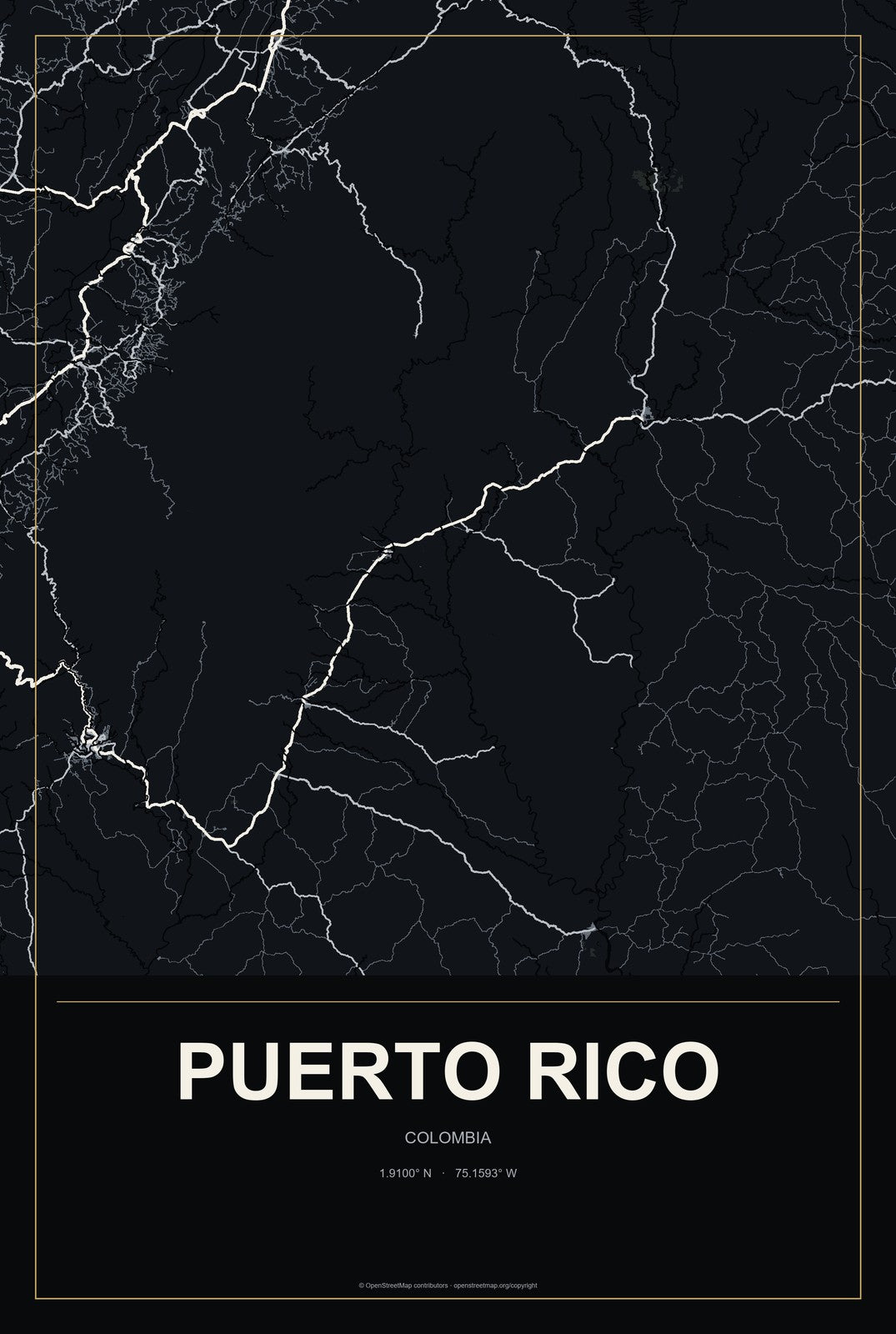 Puerto Rico, Colombia City Map Aluminum Sign in Metropolitan Noir style
