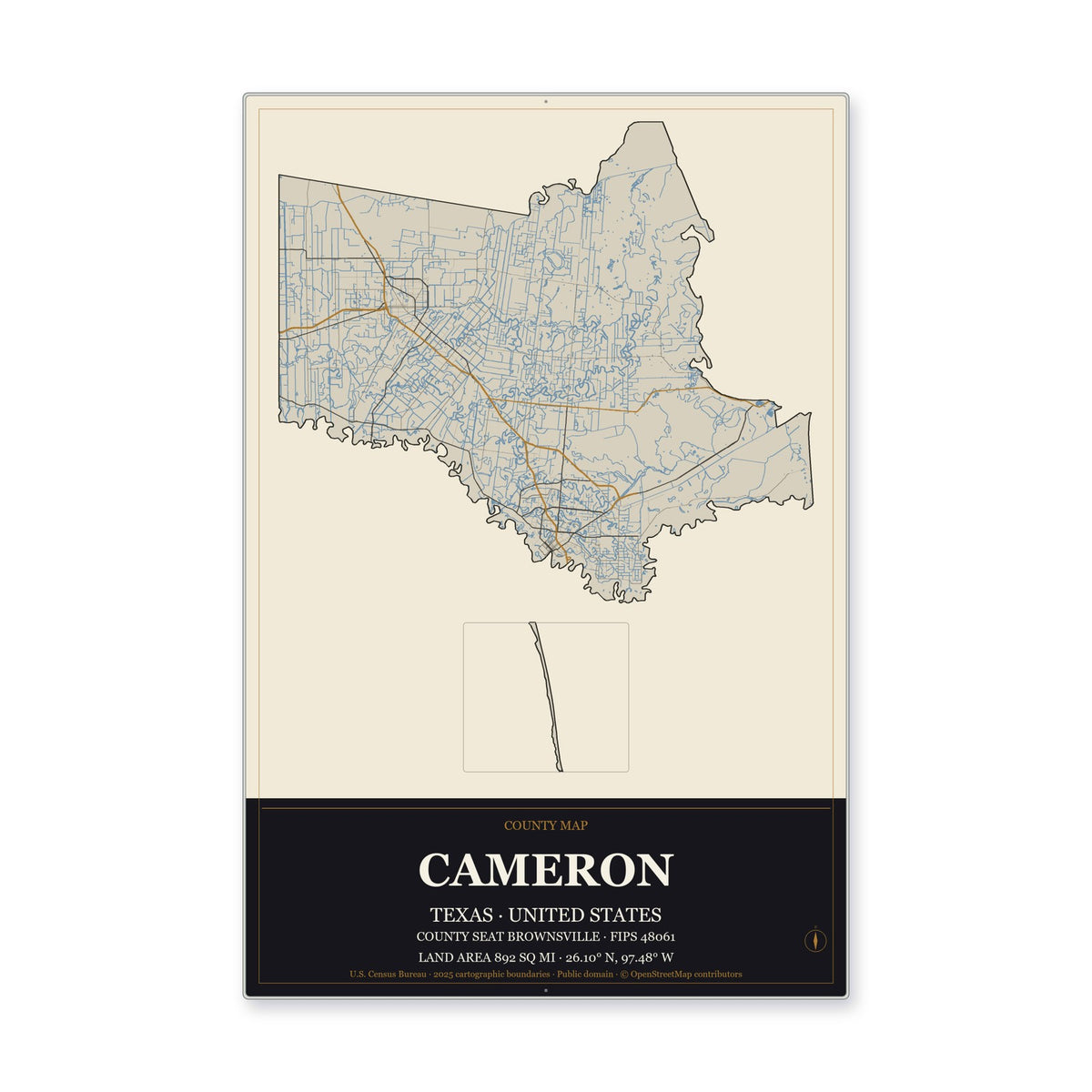 Cameron County, Texas Map Aluminum Sign in Museum Plaque style